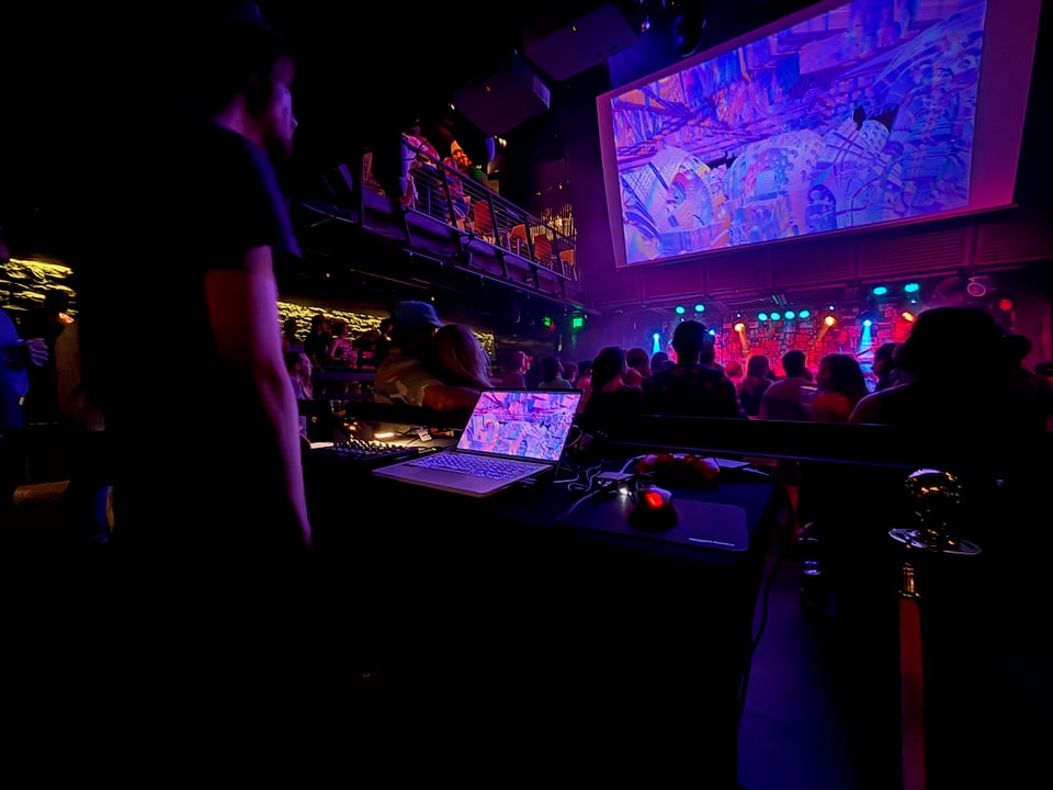 A crowded room watching a musical act.