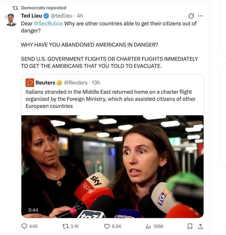 Representative Ted Lieu, Democrat of CA, makes clear how a government is supposed to act toward its endangered citizens.