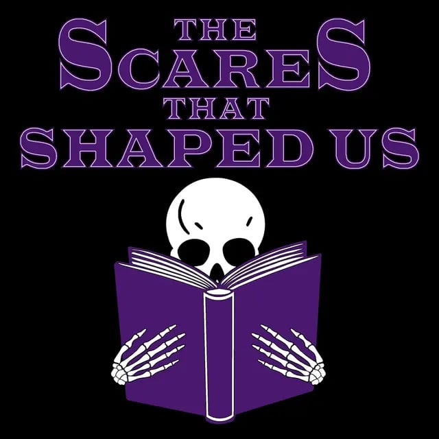 podcast logo of a skeleton holding a purple book. or is the book blue? i can't tell. i am very tired.