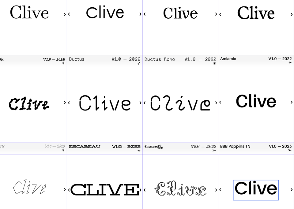 A screenshot of the name "Clive" printed 12 times in a 4 x 3 grid. Each time it is printed it is in a different font. The fonts range from standard ones that look like Times New Roman -- i.e., simple serifed classy fonts -- to much more inventive loopy curves or strange, thin angles.