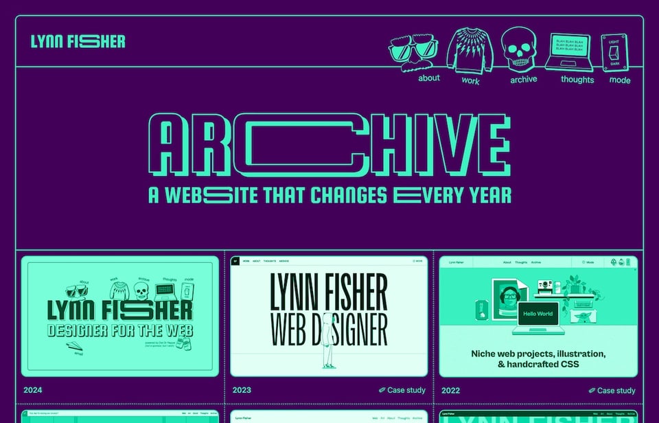 The archive section with all the redesigns in one place. This time, the website is shown in dark mode with light green colors on a dark purple background.