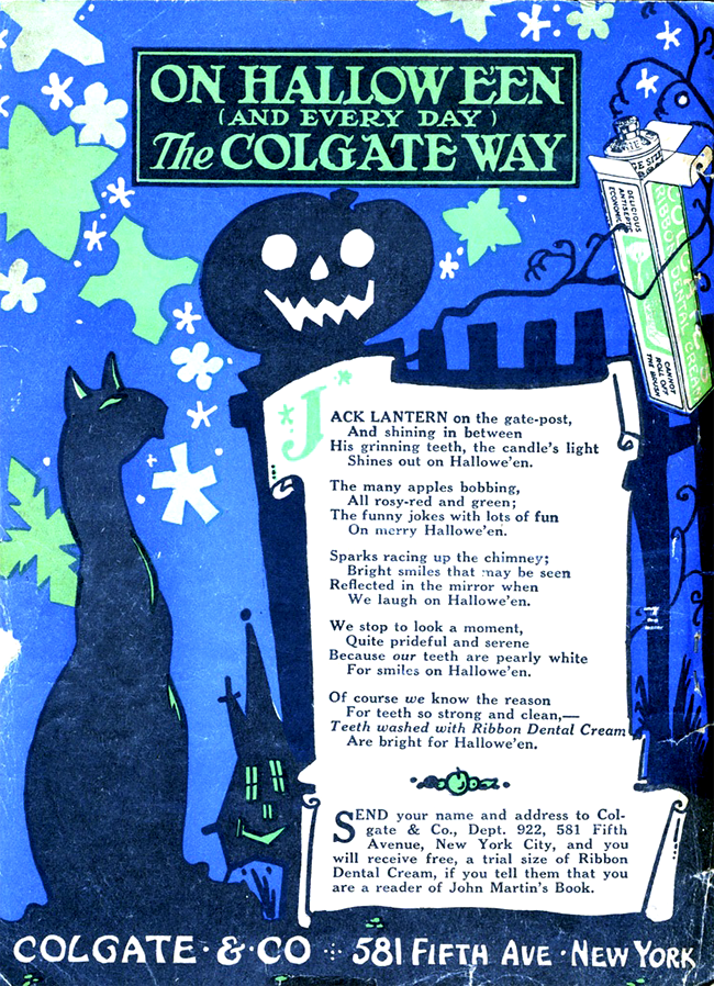 A vintage ad for Colgate featuring blue and green Halloween images and a poem about teeth.