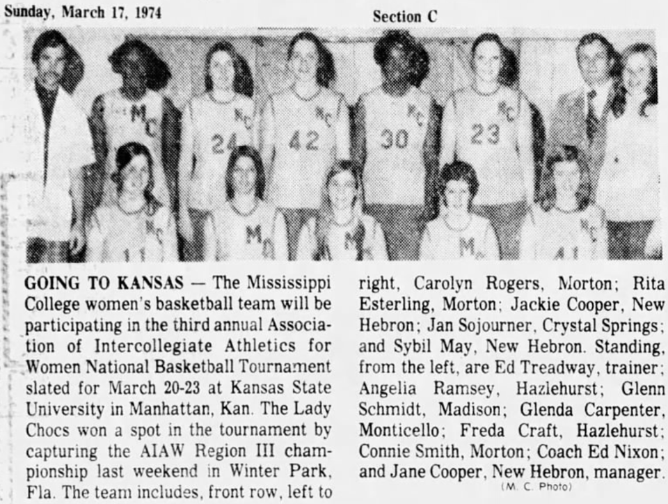 The 1973-74 Mississippi College women's basketball team, including Rita Easterling (front row, second from left)