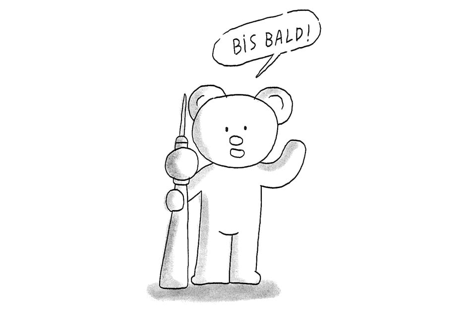 Dibujo de un osito abrazado a la torre de Berlín diciendo «Hasta luego» en alemán
Drawing of a teddy bear hugging the Berlin Tower saying "See you later" in German
