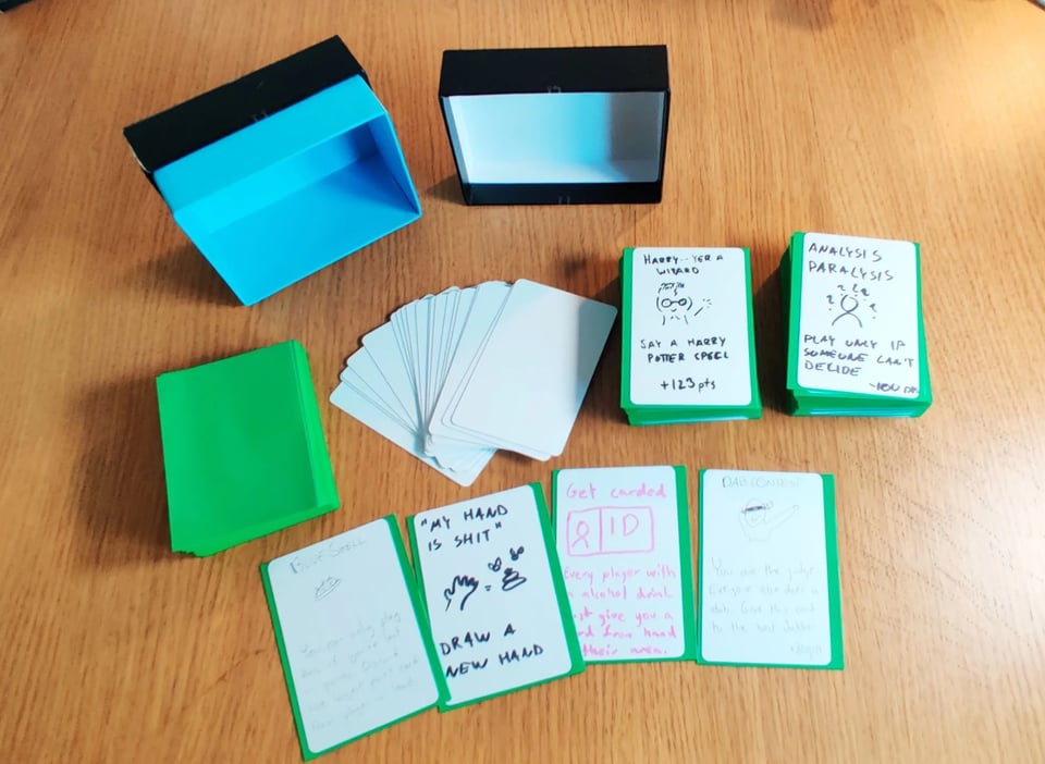 A small box and couple of piles of hand-drawn cards in green sleeves