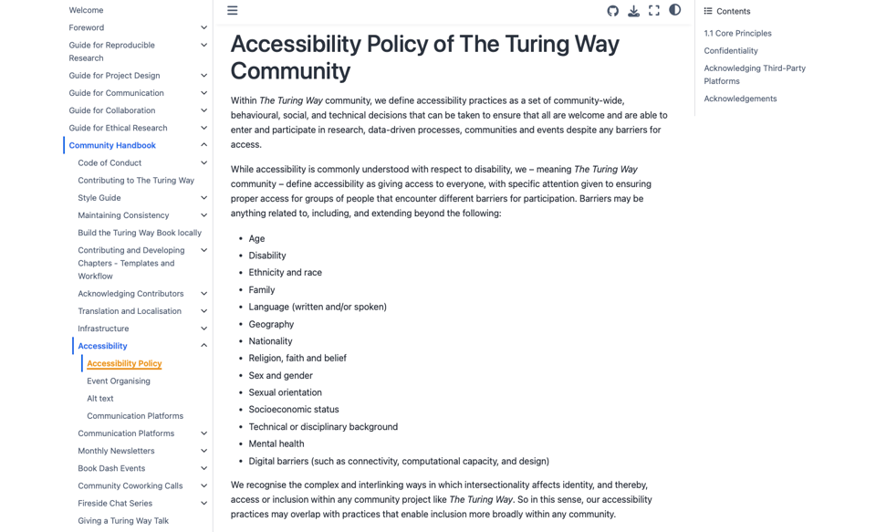 Alt: Screenshot of The Turing Way Accessibility Policy linked in the Community Handbook