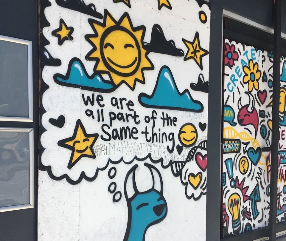 Graffit of stars flowers and fanciful beasts reading we are all part of the same thing