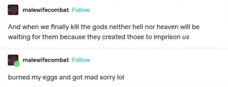 Tumblr screenshot of 2 posts from malewifecombat. 1st: "And when we finally kill the gods neither hell nor heaven will be waiting for them because they created those to imprison us." 2nd: "burned my eggs and got mad sorry lol"