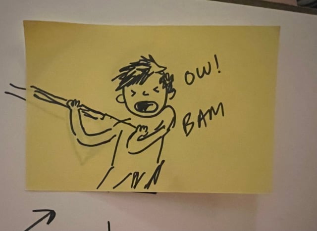 Accidentally breaking my own rib by hitting my chest drawing, me saying OW and the word BAM near my chest