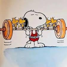 snoopy lifting weights, with Woodstock