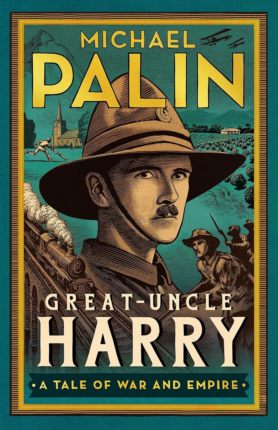 a colourful cartoon view of a man with various war imagery behind him