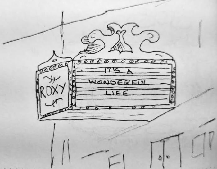 Line drawing a of an old-style movie marquee advertising the film “It’s a Wonderful Life"