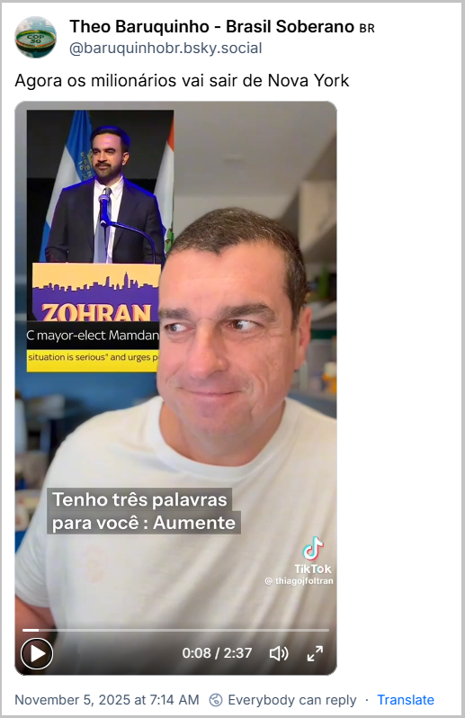Post de Theo Baruquinho - Brasil Soberano (‪@baruquinhobr.bsky.social‬) com o texto: Agora os milionários vai sair de Nova York. (O link contém um video)