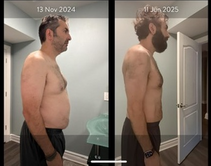 Me, November 13th 2024, with a giant belly and man boobs, short hair, and stubble. Also me, June 11 2025, with a toned stomach, arm muscle, wild hair, and a massive beard.