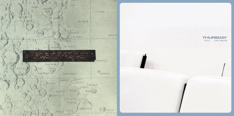 First pic: A drawn map of some kind of mountainous territory, with longitude and lattitude lines -- it could be the moon? There is a thin rectangular piece of rusted metal placed in the middle. Stamped on the metal are a series of numbers. Second pic: A photograph of white cushioned seats in a white room. It is very white; the only other color is the black of the metal parts of the chairs, and there's little of it. The seats remind me of seating in an airport.