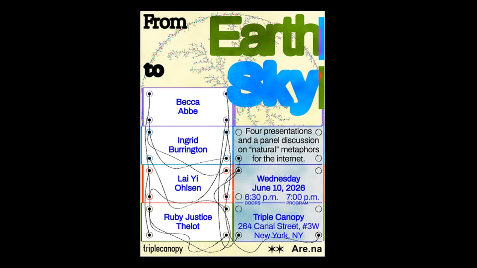 A pale yellow flyer with From Earth to Sky in green and blue bubble letters. The speakers names are in white boxes stacked on top of each other, and the event details are on stacked blue boxes beside the white ones. These boxes have wires connecting them.
