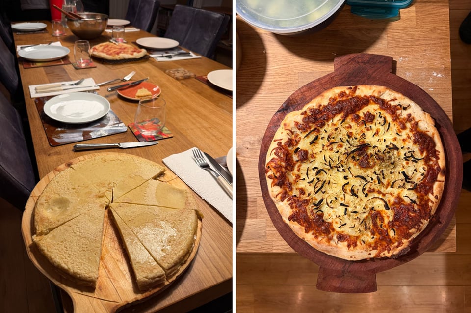 Two photos: Left hand: A circular faina flatbread is cut into pieces on a wooden serving platter. Right hand: A pizza is on a wooden serving platter waiting to be sliced.