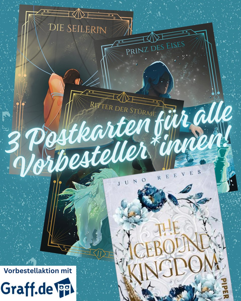 Das Cover, die 3 Artworks und das Logo der Buchhandlung Graff, dazu der Text "3 Postkarten für Vorbesteller*innen!"