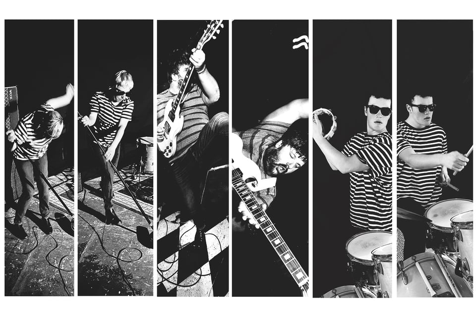 A stylized photo collage featuring six vertical pictures: two each of a woman holding a microphone stand and dancing, a man thrashing on guitar and a drummer banging a tambourine and sitting at a kit.