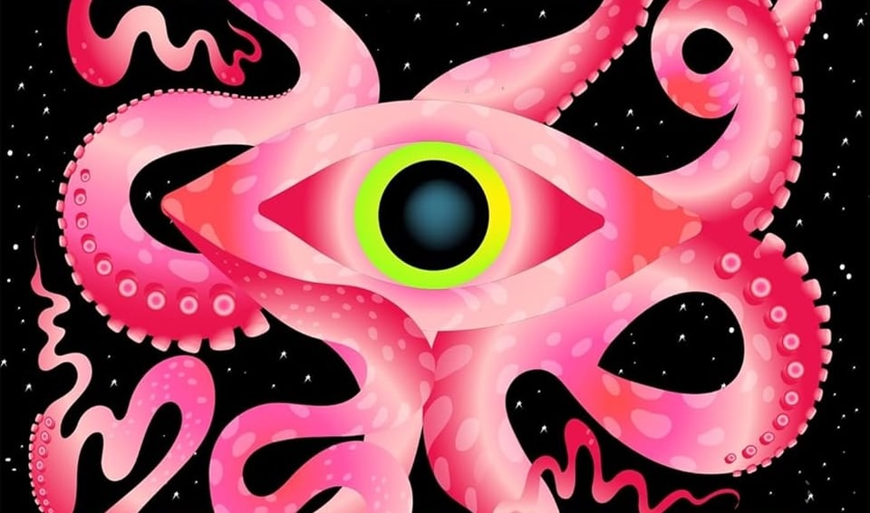 A big pink cephalopod in space with one huge pink and yellow eye.