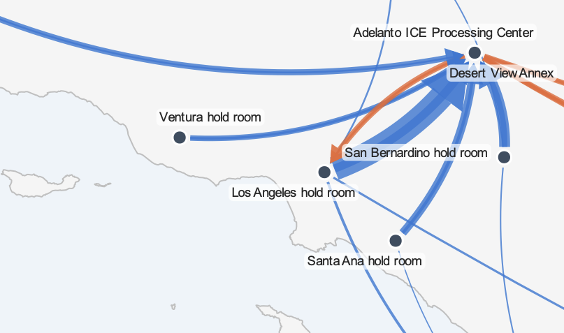 Map of transfers in ICE detention after arrests in Los Angeles area of responsibility