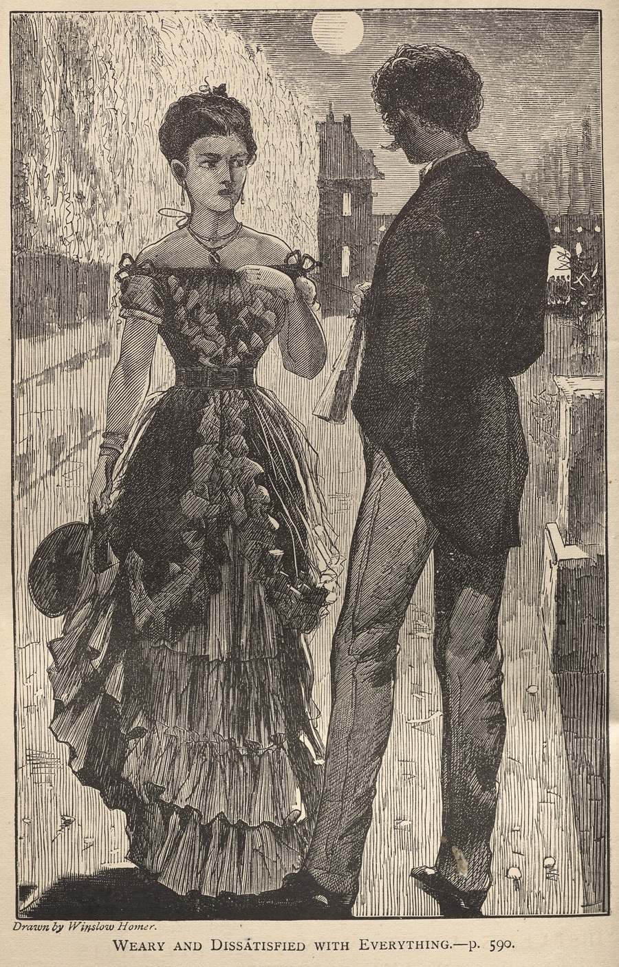 Black and white etching of a woman wearing a frilly dress looking sternly at a man wearing a coat with tails. They are standing on a sidewalk with trees and a house in the distance. Caption: Weary and dissatisfied with everything page 590.