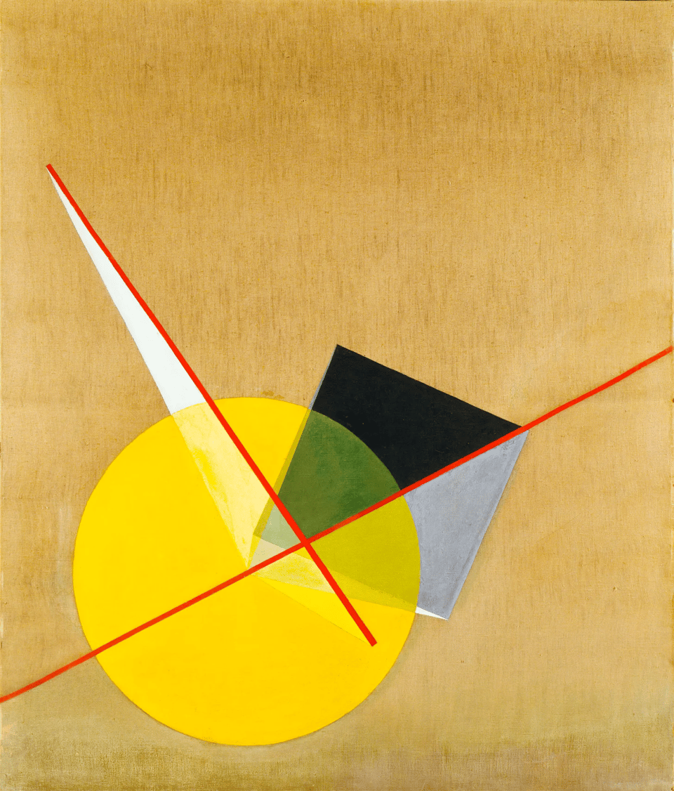 A picture of a painting by László Moholy-Nagy. It is a tall portrait shape, and the background is beige with what appears to be the canvas or wood beneath occasionally showing through. In the foreground of painting is a large yellow circle in the bottom left-hand corner, bisected by two thin red lines that form an X. The top right hand corner of the circle slightly overlaps a black and white cube, with the black and white parts of the cube, showing through the yellow, as if the yellow orb is slightly transparent there. The overall effect is "pretty" but slightly alienating.