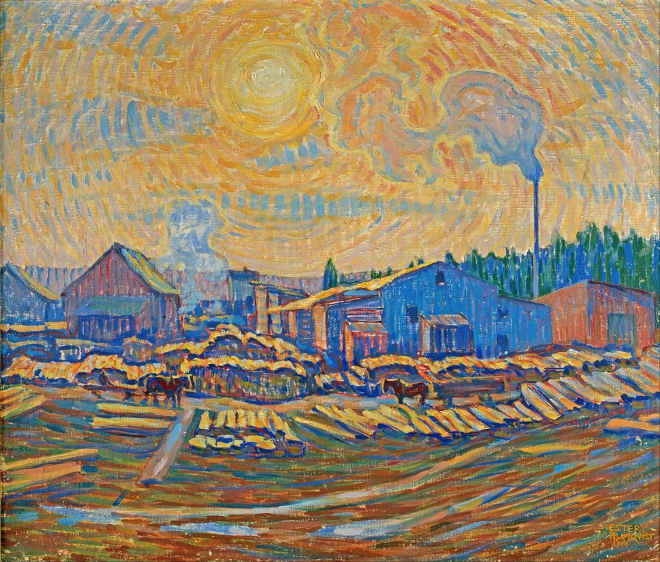 painting of a sawmill with a bright yellow sun shining over it
