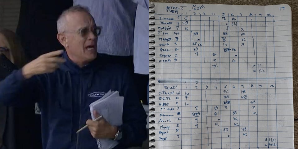Tom Hanks holding a notebook, with a pic of his final scorecard.