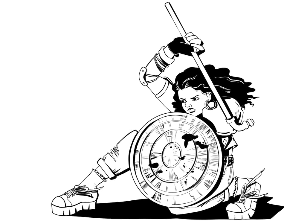A young woman with dark hair in a dynamic defensive pose, using a trashcan lid as a shield and ready to strike with her weapon of choice: a long metal pipe. She is wearing makeshift armor, jeans, big earrings, and frilly socks.