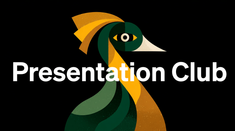 A stylised picture of a bird, a bit like a peacock. With the words Presentation Club written over it. Like a sort of logo.