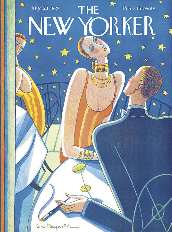 Cover of the New Yorker from July 23, 1927, showing a stylized drawing of a woman (center) at a table at a rooftop nightclub or restaurant with the back of a man facing her at far right