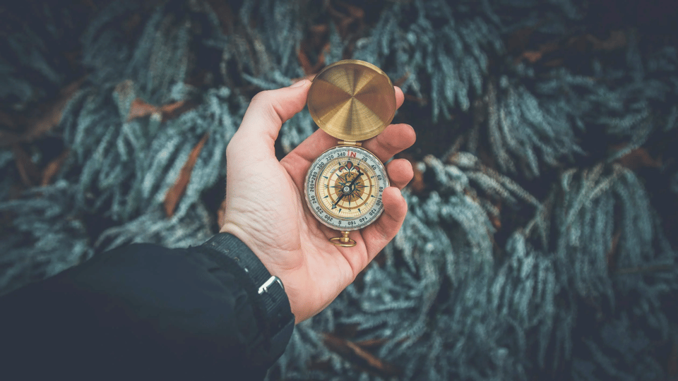 A picture of a hand holding an old-fashioned directional compass. In the background appears to be some complex gray pattern, but it isn't clear what it is.