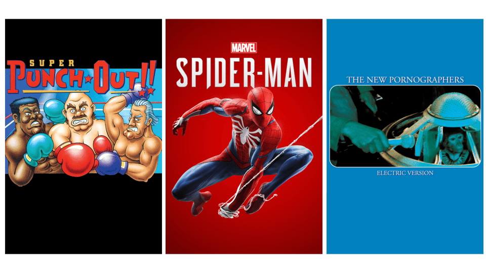 Super Punch-Out!!, Marve's Spider-Man, and The New Pornographer's Electric Version covers