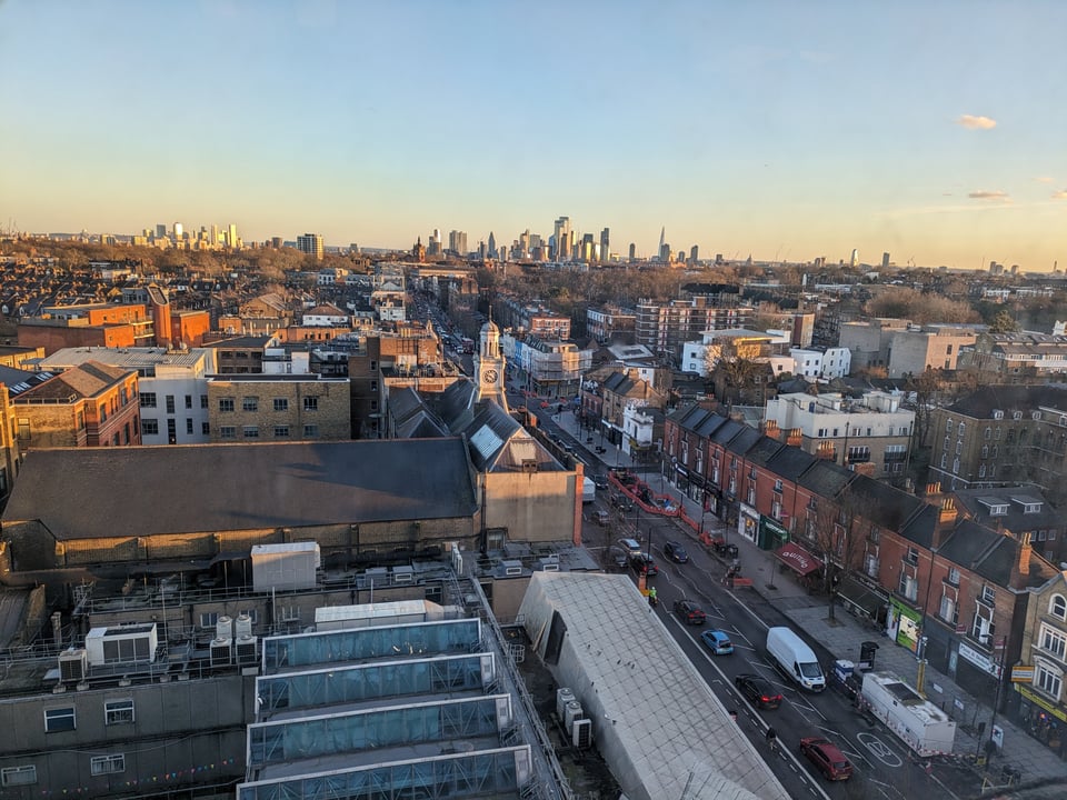 a view of holloway road with the city in the background. taken from the 9th floor of the tower building at London Metropolitan University