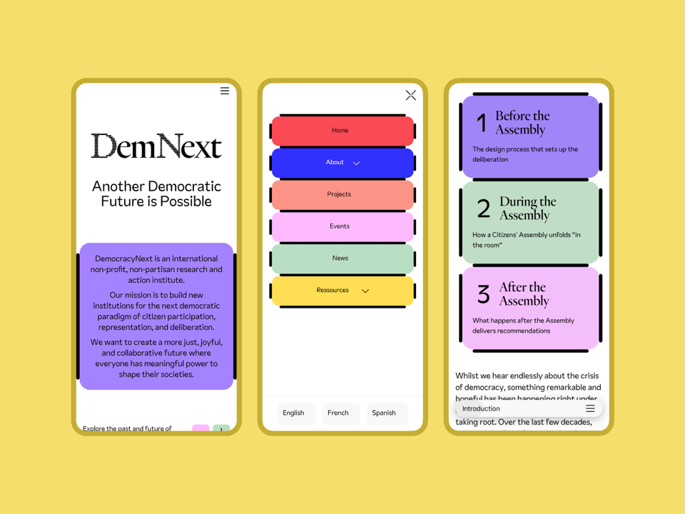 A collage of three colorful screenshots of mobile views from the DemNext website.