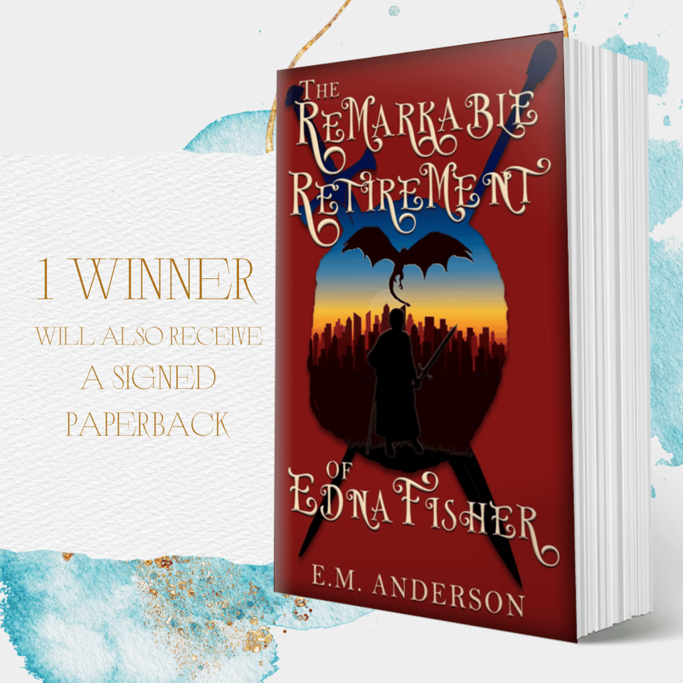 one winner will also receive a signed paperback. text is on torn white paper against a blue and gold watercolor background. to the right is a paperback book form of The Remarkable Retirement of Edna Fisher