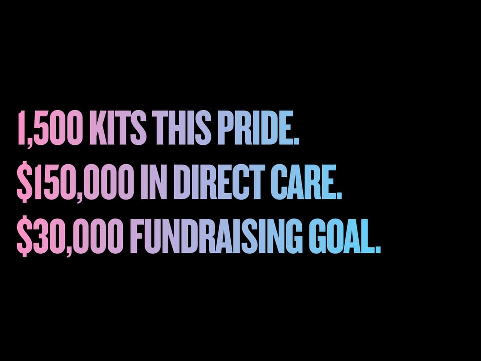 Image says 1,500 kits this pride. $150,000 in direct care. $30,000 Fundraising Goal.
