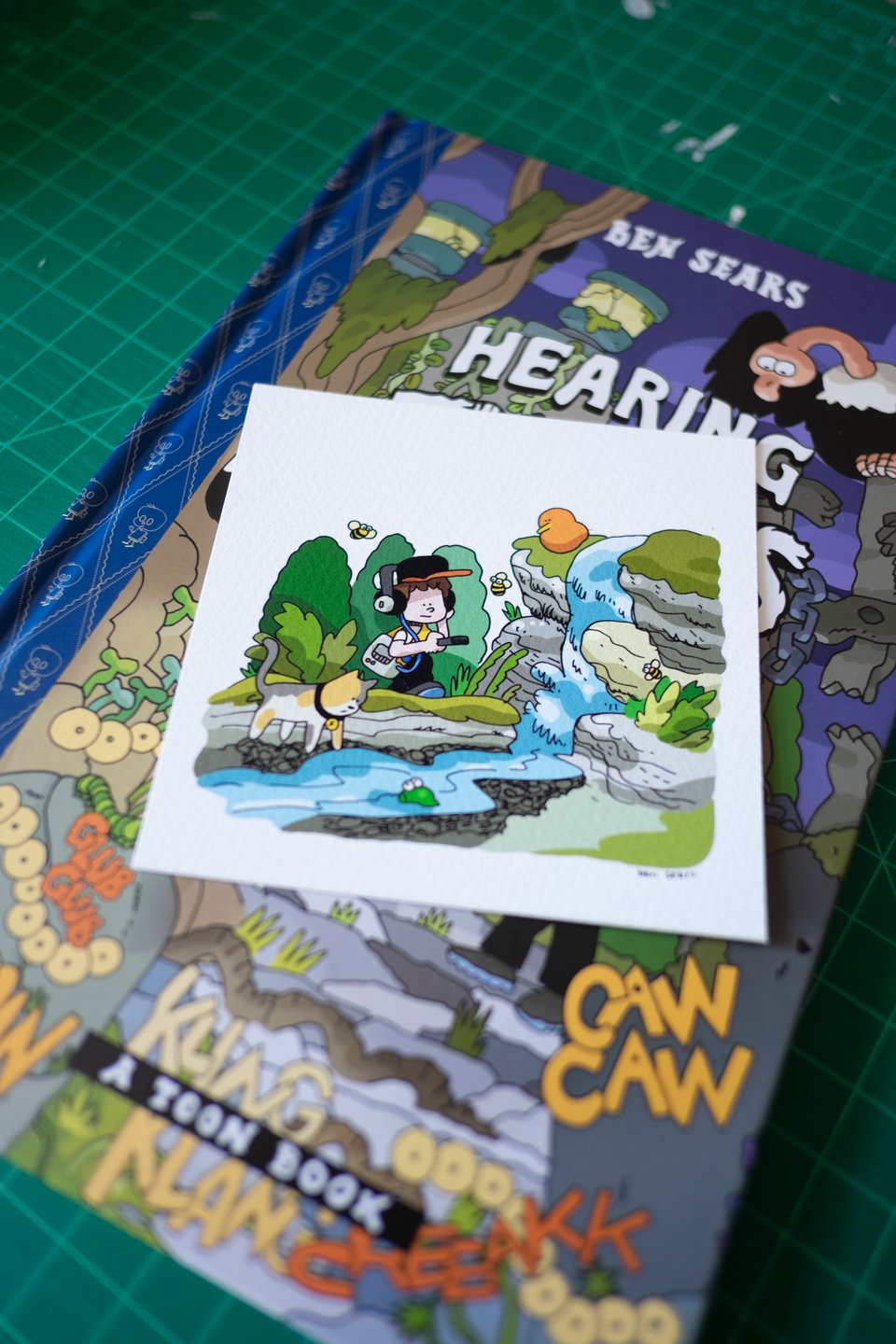 a picture of a small print on top of a book. The print is a drawing of a kid and a cat recording a small waterfall in a creek