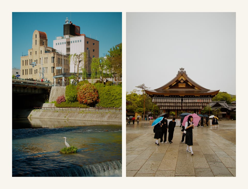 A diptych of two images from Naz's Japan trip. The left is a crane in a river in the Gion district of Kyoto, and the right shows school students in classic Japanese uniforms in front of a temple and shrine in Kyoto as well.