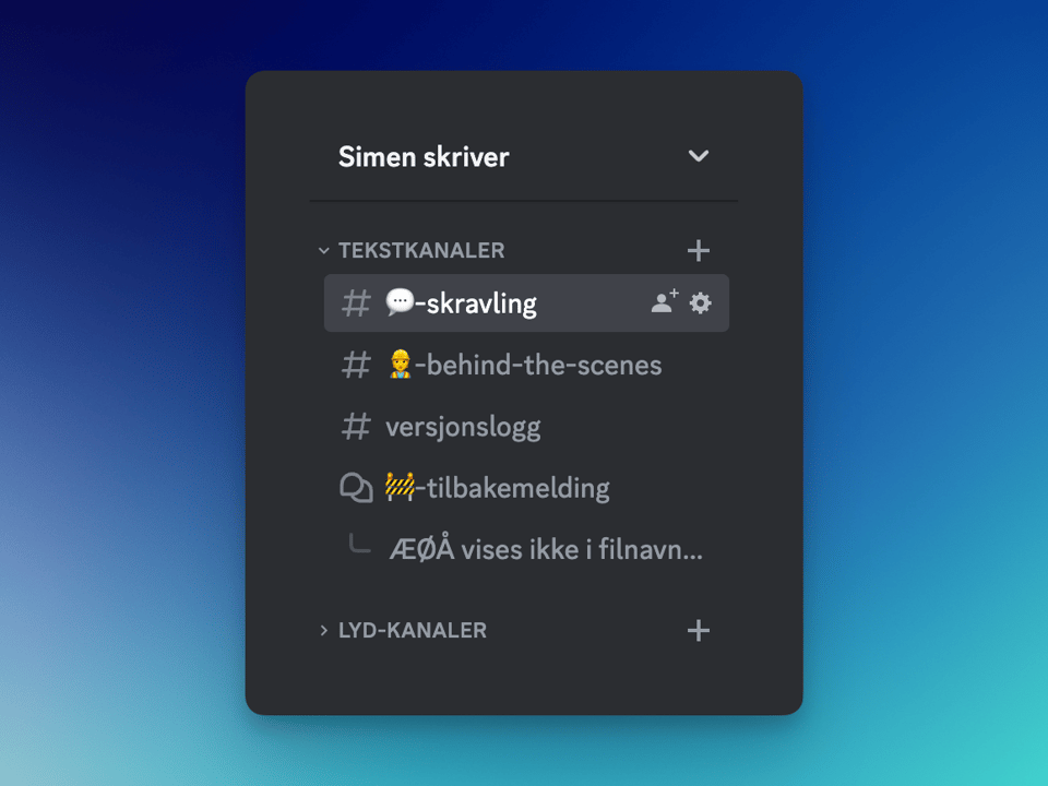 Kanaler på Discord-serveren SimenSkriver