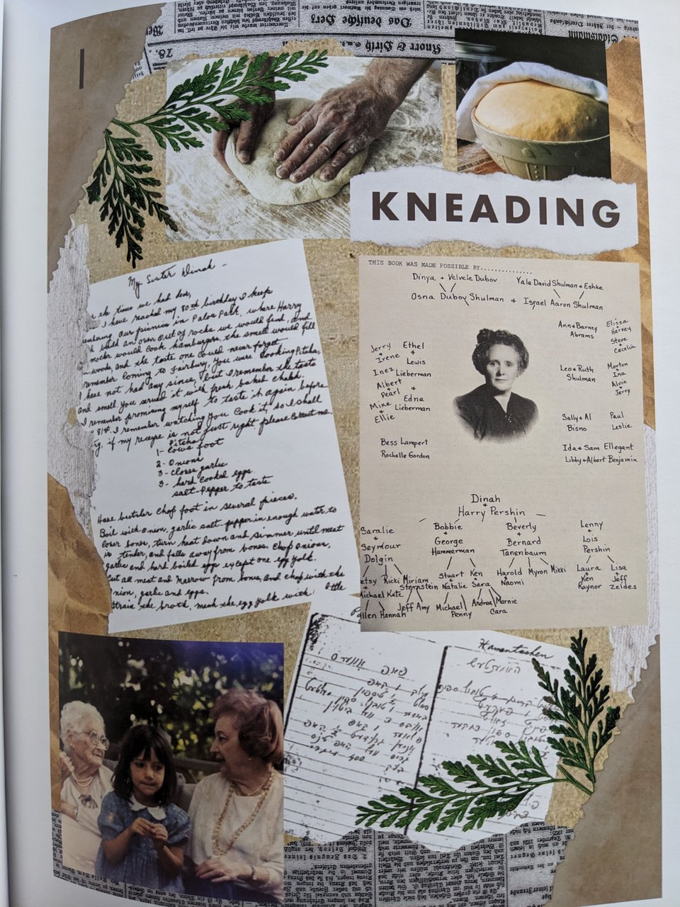 A collage from Zaftig - handwritten challah recipes, a portrait of the author with her grandmothers, and a close-up of hands kneading dough.