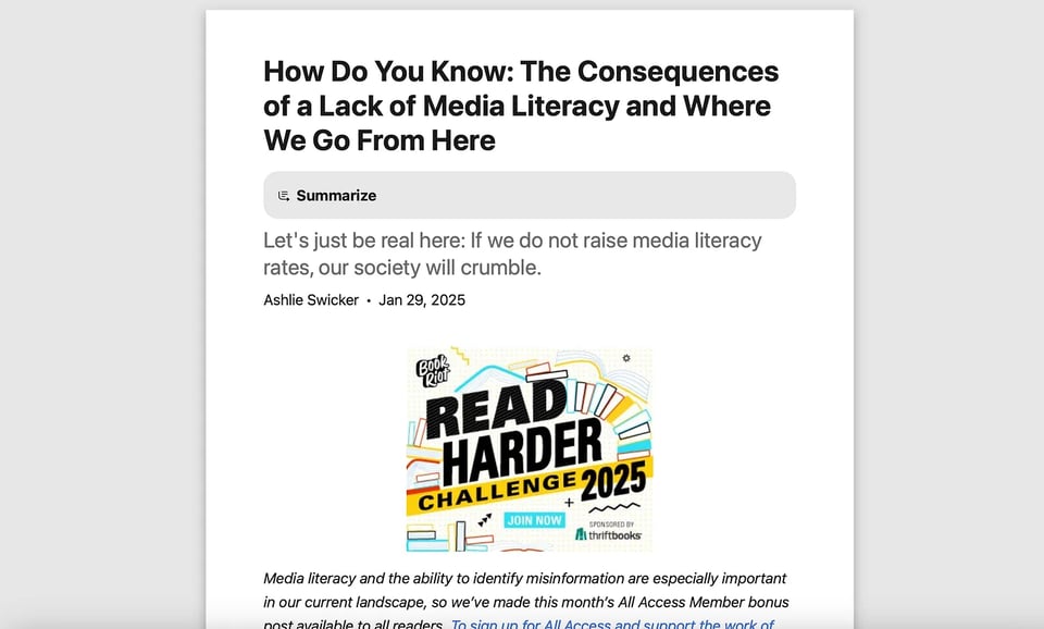 Safari Reader View showing a distraction free version of the Book Riot article