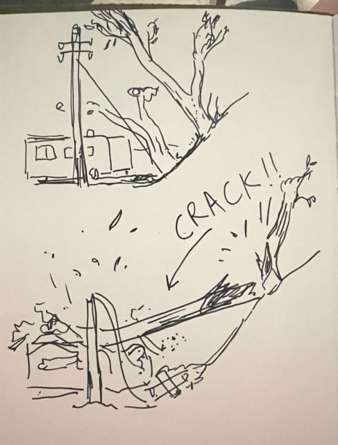 A sketch of a big tree, and and RV / Power line down hill, and then a second drawing below showing the tree falling onto the things below