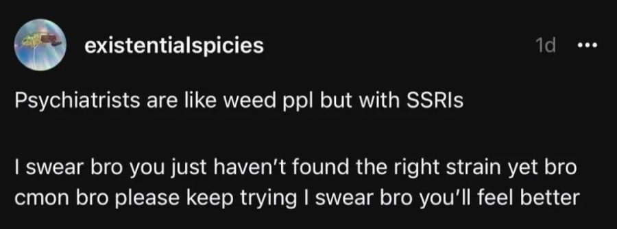 existentialspicies: Psychiatrists are like weed ppl but with SSRIs // I swear bro you just haven't found the right strain yet bro cmon bro please keep trying I swear bro you'll feel better
