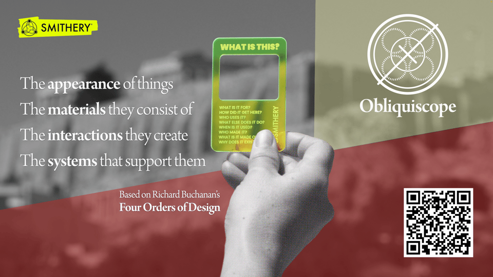 An Obliquiscope with prompts inspired by Buchanan's Four Orders of Design beside it.