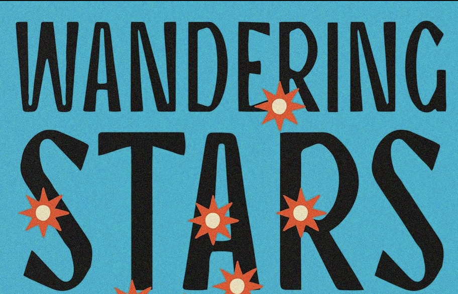 Partial image of the book cover of Wandering Stars, black text on bright blue background, with red "stars" shaped like bullet holes scattered over the text