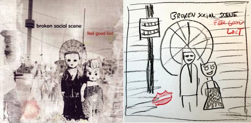 Two black and white photographs superimposed onto one another. The first one is of two dolls, each with wide white faces and black dots for eyes and tiny mouths. One is a male in a suit and the other is a female in kind of a flapper outfit. This is palced over a photograph of a an amusement park of fairground.