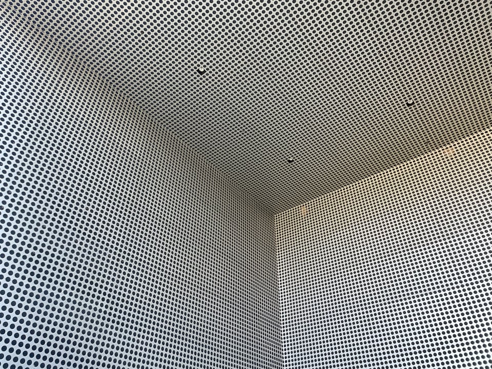 An image of the corner of a part of the Tampa Museum of Art, with its signature aluminum sheet with little holes in it, creating an interesting optical effect