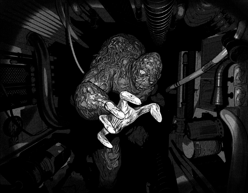 alien monster reaching out toward the viewer in sci fi detritus room